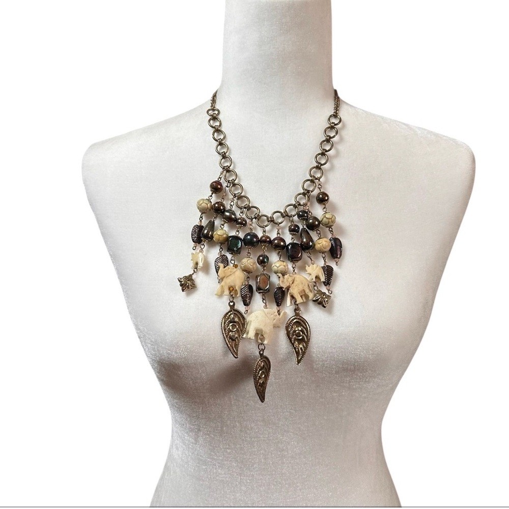 Vintage Elephant Charm Iridescent Bead Necklace